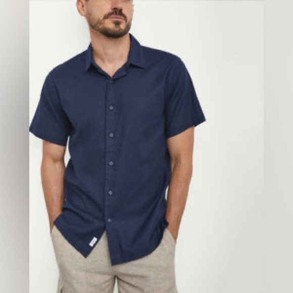 Onia Men’s Button Down Shirt Size M Navy Casual Short Sleeve Shirt Linen Blend - Picture 1 of 8